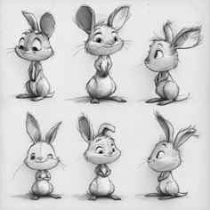 the rabbit character poses and expressions in various stages of development, from head - to - toe to tail