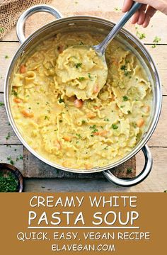 creamy white pasta in a pot with a spoon