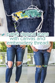 two pictures showing how to make ripped jeans with canvas and embroidery thread