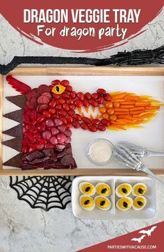 dragon veggie tray for halloween party with devil's food and candy on it