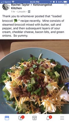 a blue plate topped with broccoli, cheese and other toppings next to a fork