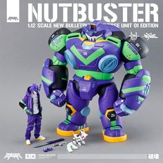 a purple and green robot next to a toy figure on a gray background with the words nutbuster below it