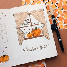 november fall window bullet journal theme #bujo #bujoideas #bulletjournal #bulletjournaling #bulletjournalideas Bujo Month Cover Page, Fall Bujo Cover, November Bujo Theme Ideas, November Journal Spread, November Reading Journal, November Bujo Cover Page, November Bulletin Journal Ideas, November Page Bullet Journal, Fall Bullet Journal Theme