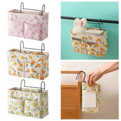 four different types of storage bags hanging on the wall