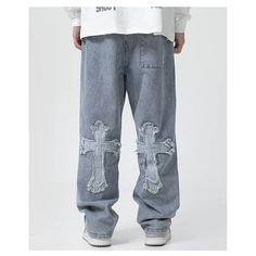 Men’s Vintage Blue Large Cross Patch Jeans   Features     Product ID: MCP023   Material: Cotton, Denim   Color: Blue   Fit: Baggy   Featured: Jeans with cross patches  Softness: Medium   Thickness: Medium   Stretch: Not Elastic   ~     Size Chart    S: Waist 27.6″ | Hip 40.2″ | Length 38.2″ M: Waist 29.1″ | Hip 41.7″ | Length 38.6″ L: Waist 30.7″ | Hip 43.3″ | Length 39.0″ XL: Waist 32.3″ | Hip 44.9″ | Length 39.4″ 2XL: Waist 33.9″ | Hip 46.5″ | Length 39.8″ 3XL: Waist 35.4″ | Hip 48.0″ | Length Patched Denim Jeans, Cross Patch, Low Rise Baggy Jeans, Fabric Cross, Cross Embroidery, Patch Jeans, Women Cargo Pants, Denim Decor, Denim Cargo Pants