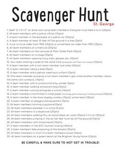 the scavenger hunt poster is shown in black and white, with red lettering