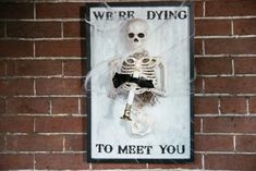 there is a skeleton on the wall with a sign that says we're dying to meet you