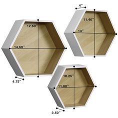 three hexagonal shelves are shown with measurements for each shelf in the same area