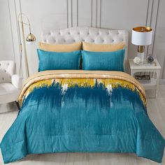 PRICES MAY VARY. [7 Pieces Bed in A Bag] :Gold teal bed in a bag queen with 1 comforter 90" x 90" + 2 pillowcases 20" x 26"+1 Fitted Sheet 60"x 80"x14"+1 Flat Sheet 90"x 102"+2 Pillow Shams 20"x 30".The fitted sheet is 14 inches Pocket, fits mattresses up to 14". [Special Gradient Design]:7 pieces bed in a bag is designed from light and dark navy blue abstract oil painting, the color is bright and stylish, it can be blended with the decoration of any style room, add a bright color to your room, Teal Comforter, Green Comforter Sets, Aqua Bedding, Teal Bedding, Green Comforter, Bed Comforter Sets, Teal Walls, Elegant Bedding, Green Bedding