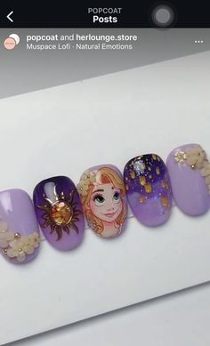 Disney Princess Themed Nails, Tangled Nails Disney, Tangled Rapunzel Nails, Rapunzel Nail Art, Tangled Nail Art, Rapunzel Nails, Tangled Nails, Disney Inspired Nails, Rapunzel Disney