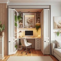 an open closet with a desk and chair in it