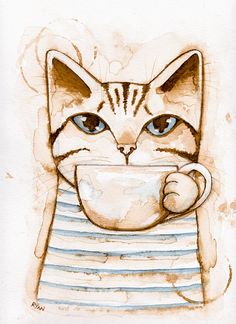 a drawing of a cat holding a coffee cup in it's mouth and looking at the camera