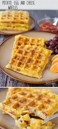 two waffles and grapes on a plate