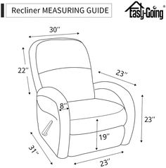 the recliner measuring guide is shown with measurements for the reclining chair and foot rest