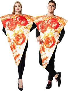 two people in black outfits holding up large slices of cheese and pepperoni pizzas