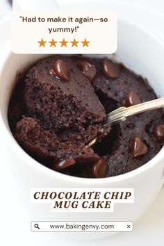 chocolate chip mug cake in a white bowl with a gold spoon on the side that says, had to make it again - so yummy