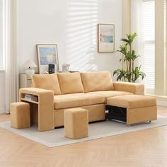 a living room scene with focus on the couch and ottoman