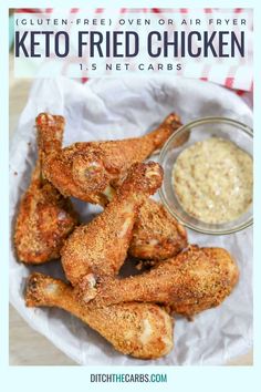 chicken wings with dipping sauce on the side and text that reads, keto fried chicken