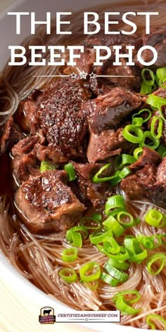 the best beef pho noodle soup with noodles and green onions in a white bowl