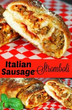 italian sausage stromboli on a red and white checkered tablecloth