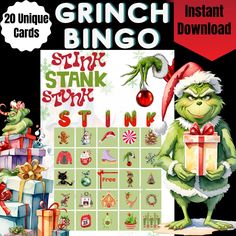 the grinch christmas card game is shown with presents and gifts in front of it