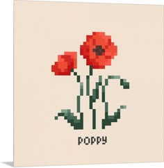 a cross - stitch card with two red flowers on it, and the words poppy written in black