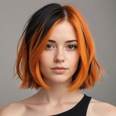 Split Dye With Highlights, Two Colors Hair Ideas, Coloured Bob Hair, Orange And Black Hair Color, Half Ginger Half Brown Hair, Undercut Hair Dye Ideas, Hair Color Blocking Ideas, Pixie Cut Hair Color Ideas, Colorful Bob Hair