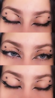 Y2k Makeup Looks Eyeliner, Eye Looks Eyeliner, Eyeliner Cute Ideas, Cool Makeup Eyeliner, Cute Liner Looks, Eyeliner And Glitter Makeup, Cute Star Makeup Looks, Eclipse Inspired Makeup, Cute Alt Eyeliner