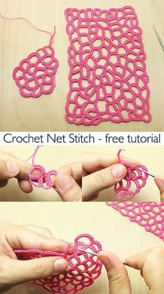 the crochet net stitch is being worked on