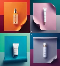 four different types of skin care products displayed on colorful paper with gold caps and tubes