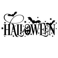 the word halloween with bats and stars in black ink on a white background, as well as an image of a pumpkin