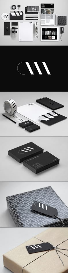 an assortment of black and white business cards with different designs on them, including the letter m