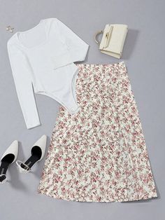 Women's Solid Color Square Neck Long Sleeve Bodysuit & Allover Print Floral Skirt Two Piece Set Multicolor Casual  Long Sleeve Knitted Fabric,Woven Fabric Plants,Ditsy Floral  Medium Stretch Spring/Fall Women Clothing, size features are:Bust: ,Length: ,Sleeve Length: Half Skirt, Floral Print Skirt, Long Sleeve Bodysuit, Two Piece Outfit, Kids Beachwear, Square Neck, Floral Skirt, Women Clothes Sale, Clothing And Shoes