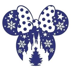 a blue and white mickey mouse silhouette with snowflakes on it's ears