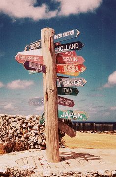 a wooden pole with many signs on it in front of a blue sky and clouds