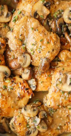 chicken with mushrooms and sauce in a pan