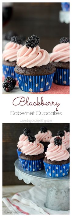 blackberry cupcakes with pink frosting and blackberries on top