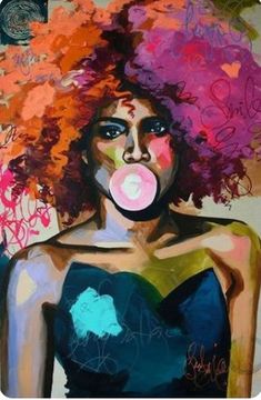 a painting of a woman with red hair and bubble gum in her mouth, wearing a blue dress