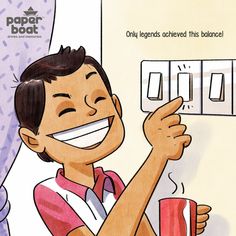 a young boy is smiling while holding a coffee cup and pointing to the light switch