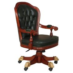 an office chair with black leather upholstered on the armrests and casteors