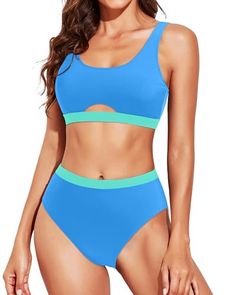 Indulge in beach-side bliss with our Cutout Sports Bikini Top With High Waist Bottom Two Piece Set, where a sports style, cutout top, and high waist bottoms come together for a sporty and elegant ensemble that will make waves wherever you go.Features:... High Neck Swimwear, Athletic Bikinis, Flattering Swimwear, Colorblock Swimsuit, Swimsuits Sporty, Cute Bathing Suits