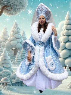 a woman dressed in a blue and white costume