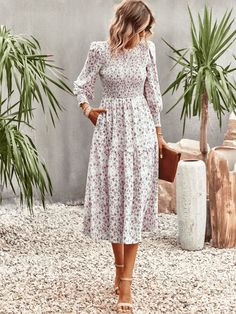 TRADING PLACES FLORAL MIDI DRESS - CREPE – SMAIBULUN Pink Midi Dress With Fitted Waist, Feminine Floral Print Midi Dress For Casual Wear, Feminine Floral Print Midi Dress For Day Out, Spring A-line Flowy Midi Dress, Fitted Waist Maxi Dress For Daywear, Chic Flowy Maxi Dress With Ditsy Floral Print, Spring Ditsy Floral Print Midi Dress For Daywear, Chic Ditsy Floral Print Maxi Dress For Spring, Ditsy Floral Print Midi Dress For Daywear