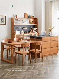 a kitchen with wooden furniture and an open bookcase on the wall above the table