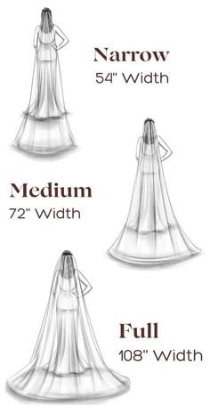 three different types of veils with measurements for each bride's dress and size