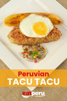 there is a plate with some food on it and the words peruvan tacu tacu above it