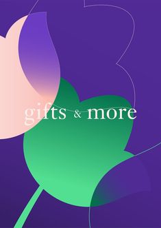 the words gifts and more are in white letters on a purple background with green leaves