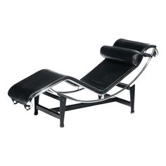 a black leather chaise lounge chair with chrome frame and footrests on an isolated white background