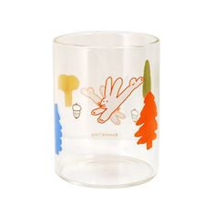 a clear glass with colorful drawings on it