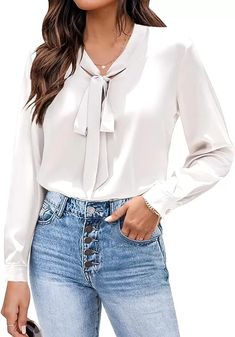 10+ Classy Tops To Wear With Jeans - By Lisa Fonde Satin Silk Top, Business Casual Womens Fashion, Satin Tops, Tie Neck Shirt, Satin Bluse, Silky Shirt, Jeans Outfit Women, Tie Neck Tops